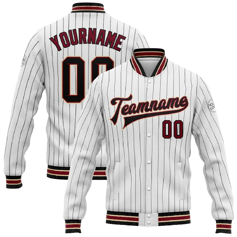 Effortless And Modern Unisex Dressing Sophisticated Style Offers Custom White Black Pinstripe Crimson-City Cream Bomber Full-Snap Varsity Letterman Jacket