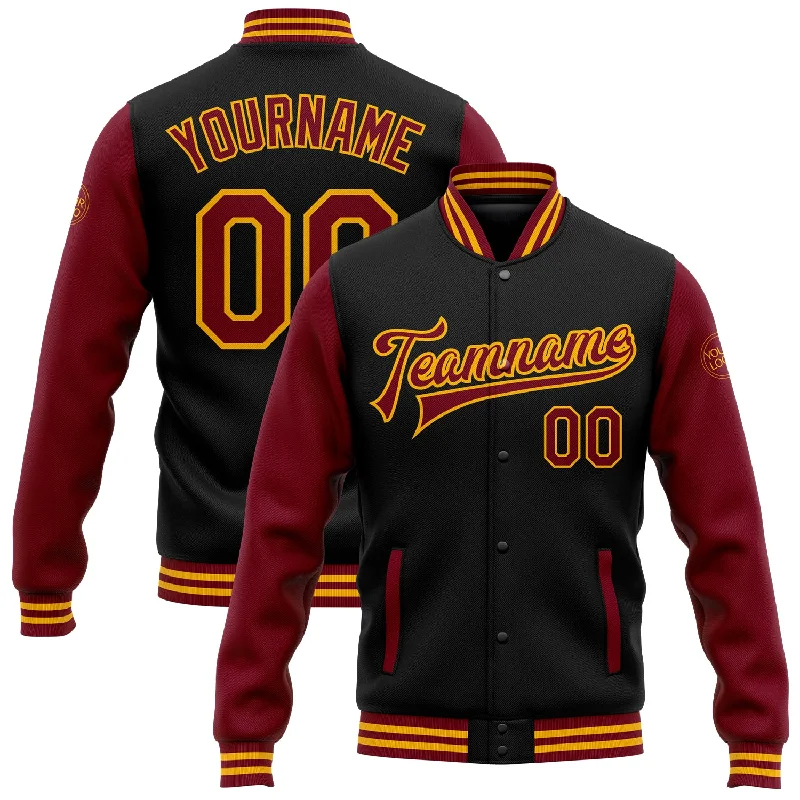 Versatile And Stylish Unisex Apparel Athleisure Style Sale Custom Black Crimson-Gold Bomber Full-Snap Varsity Letterman Two Tone Jacket