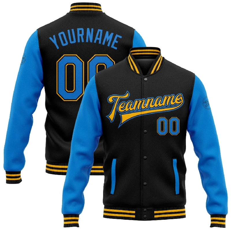 Stylish Unisex Outfit Ideas Bold Fashion Sales Custom Black Powder Blue-Gold Bomber Full-Snap Varsity Letterman Two Tone Jacket