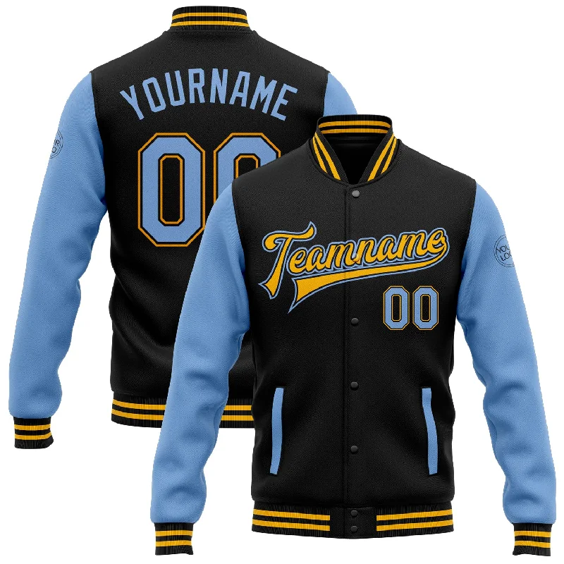 Breathable And Lightweight Unisex Wear Luxe Style Discounts Custom Black Light Blue-Gold Bomber Full-Snap Varsity Letterman Two Tone Jacket