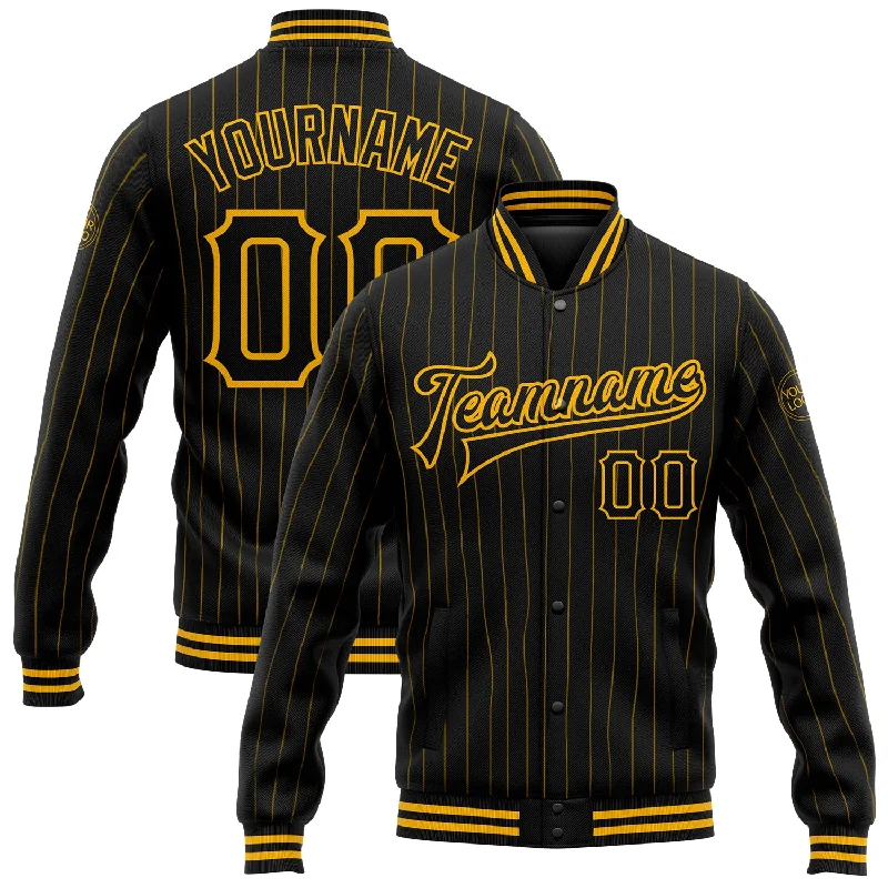 Versatile Clothing For All Genders Trendy Women'S Wear Collection Custom Black Gold Pinstripe Gold Bomber Full-Snap Varsity Letterman Jacket