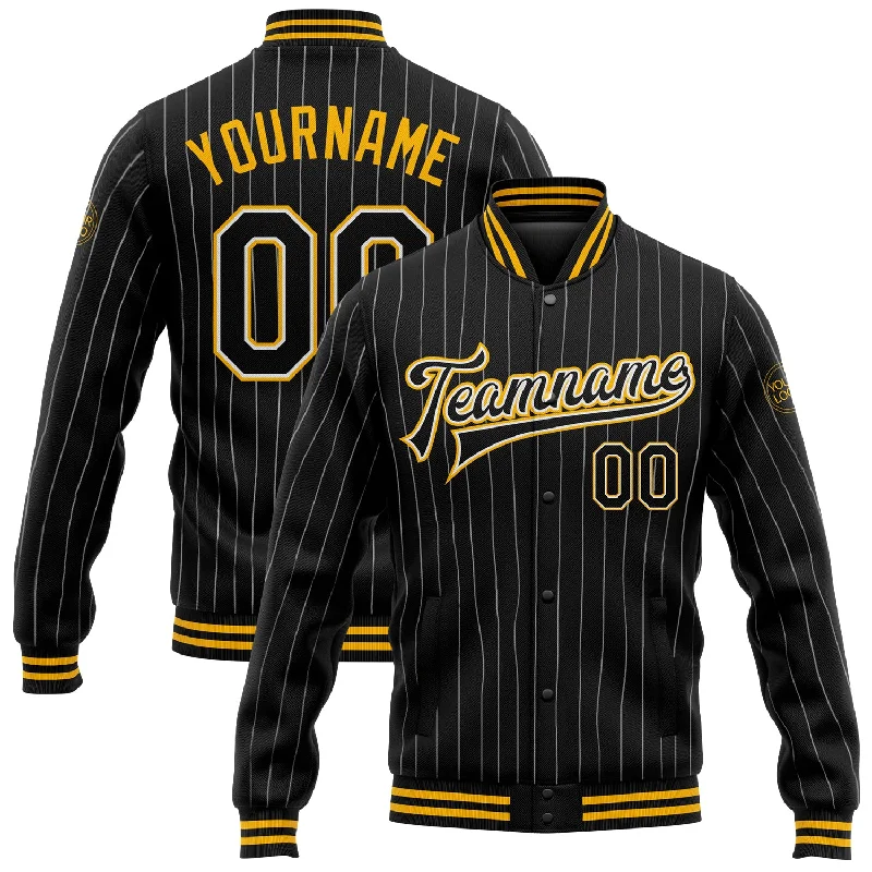 Casual And Trendy Unisex Fashion Staples Fashion Forward Custom Black White Pinstripe Gold Bomber Full-Snap Varsity Letterman Jacket