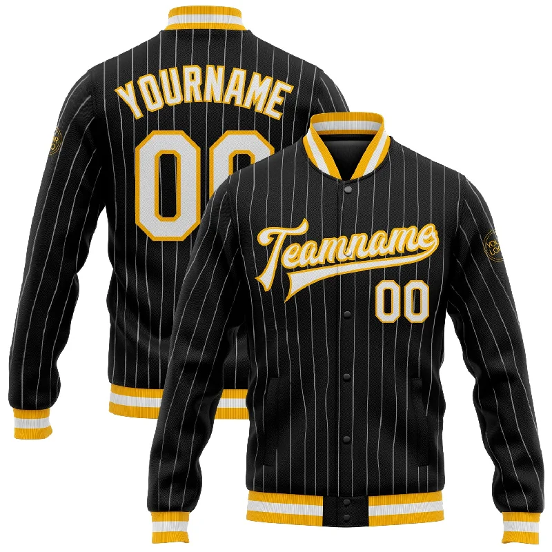 Urban-Inspired Unisex Fashion Trends Sustainable Fashion Extravaganza Custom Black White Pinstripe Gold Bomber Full-Snap Varsity Letterman Jacket