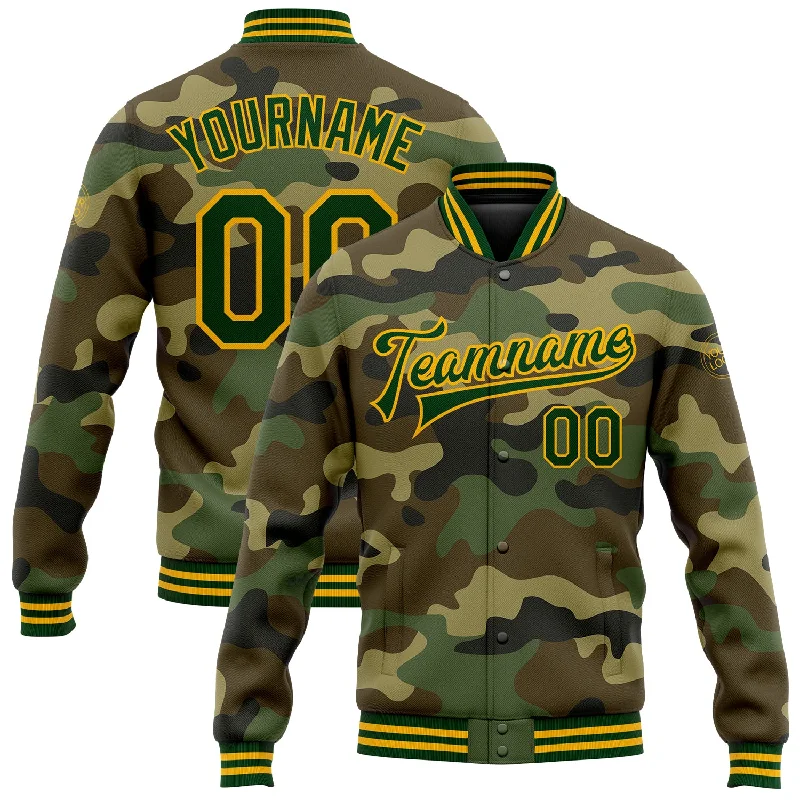 Oversized Unisex Apparel For Effortless Style Limited Stock, Big Sale Custom Camo Green-Gold Bomber Full-Snap Varsity Letterman Salute To Service Jacket