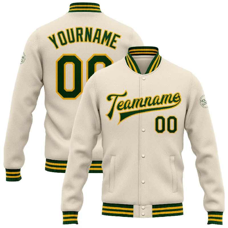 Breathable And Lightweight Unisex Wear Holiday Attire Sale Custom Cream Green-Gold Bomber Full-Snap Varsity Letterman Jacket