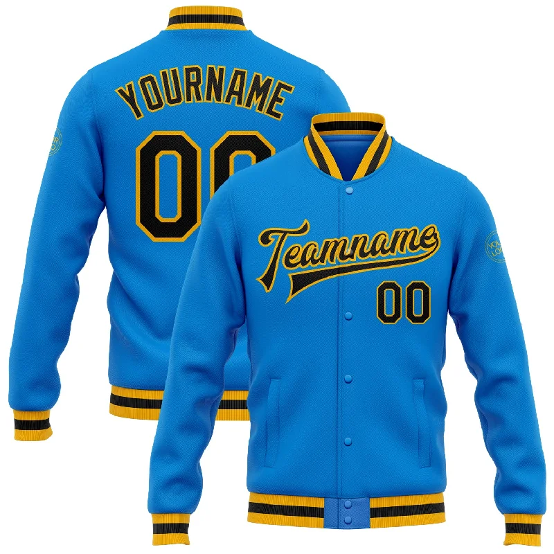 Unisex Casual Wear For All Seasons Ride The Style Wave Custom Powder Blue Black-Gold Bomber Full-Snap Varsity Letterman Jacket