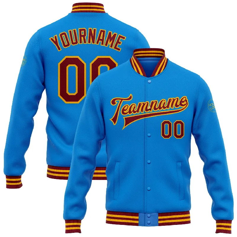 Soft And Breathable Unisex Loungewear Cozy Comfort Style Sale Custom Powder Blue Crimson-Gold Bomber Full-Snap Varsity Letterman Jacket