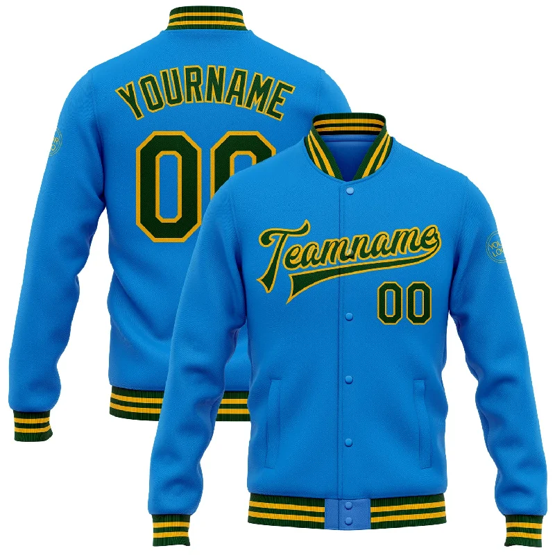 Gender-Neutral Fashion For Everyday Style Polished Style Deals Custom Powder Blue Green-Gold Bomber Full-Snap Varsity Letterman Jacket