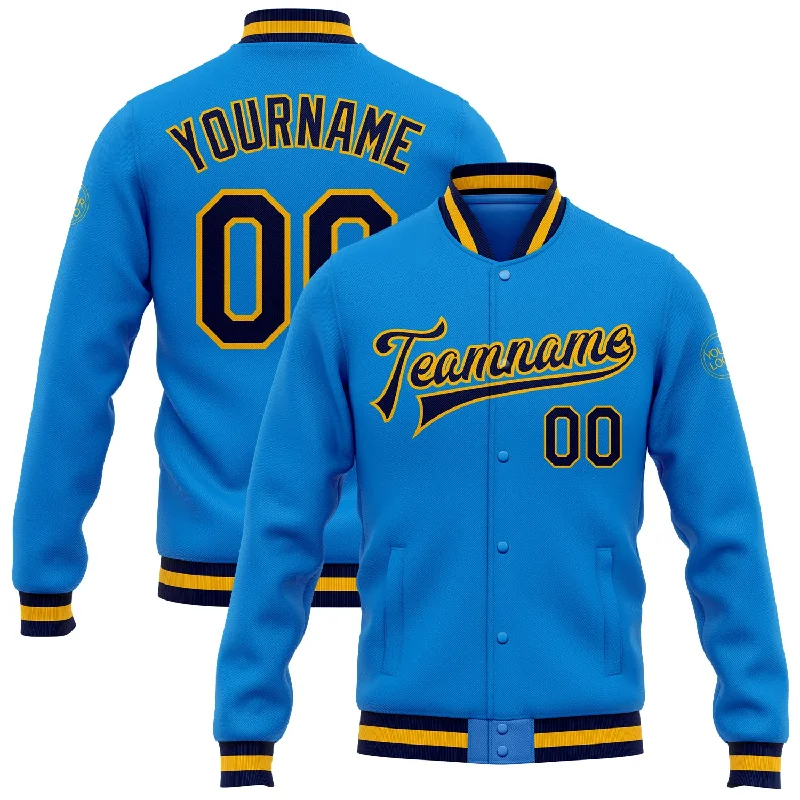 Breathable And Lightweight Unisex Wear Discover Now Custom Powder Blue Navy-Gold Bomber Full-Snap Varsity Letterman Jacket