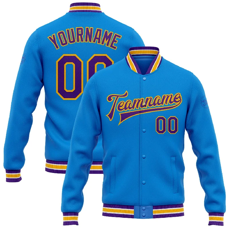 Gender-Neutral Trendy Clothing Styles Smart Casual Deals Custom Powder Blue Purple-Gold Bomber Full-Snap Varsity Letterman Jacket