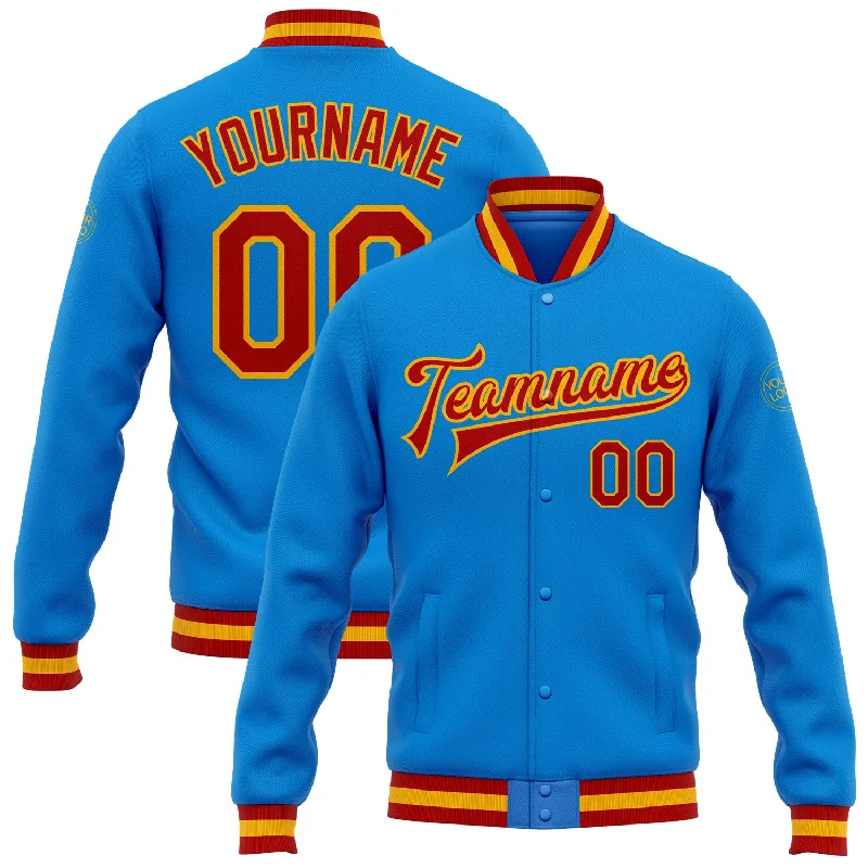 Sleek And Stylish Unisex Outerwear Dive Into Trendy Styles Custom Powder Blue Red-Gold Bomber Full-Snap Varsity Letterman Jacket