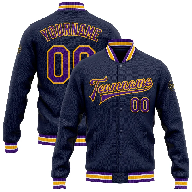 Bold And Trendy Gender-Neutral Outfits Luxe Style Discounts Custom Navy Purple-Gold Bomber Full-Snap Varsity Letterman Jacket