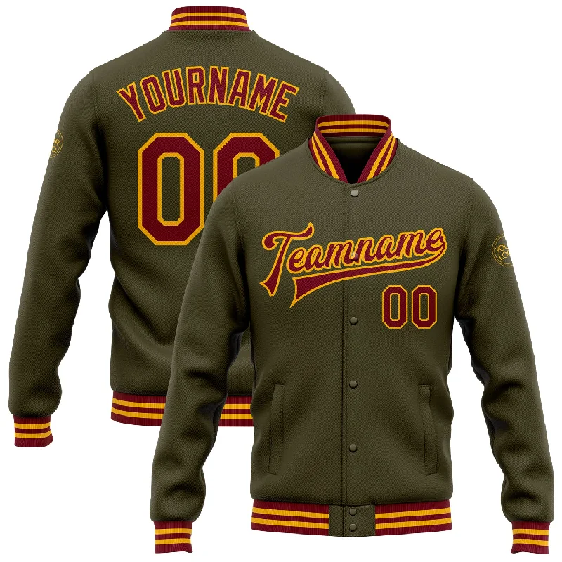 Trendy Unisex Streetwear Fashion Best-Sellers Custom Olive Crimson-Gold Bomber Full-Snap Varsity Letterman Salute To Service Jacket