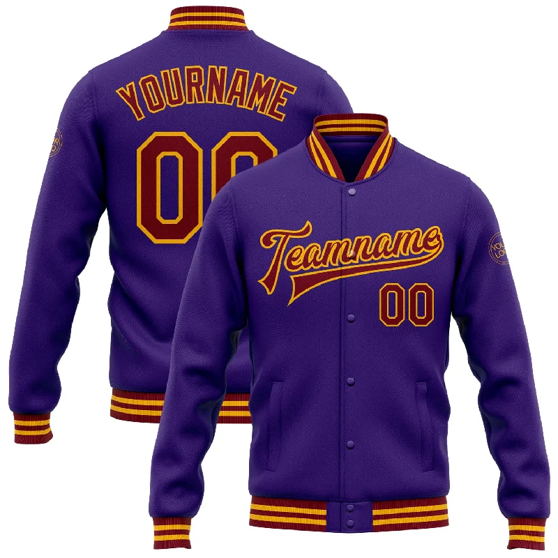 Modern Unisex Wardrobe Staples Seasonal Fashion Custom Purple Crimson-Gold Bomber Full-Snap Varsity Letterman Jacket