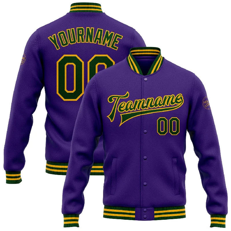 Versatile Clothing For All Genders Cool Prices Custom Purple Green-Gold Bomber Full-Snap Varsity Letterman Jacket