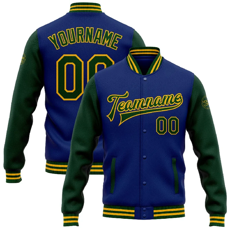 Fashion-Forward Gender-Neutral Outfit Ideas Insane Discount Onslaught Custom Royal Green-Gold Bomber Full-Snap Varsity Letterman Two Tone Jacket