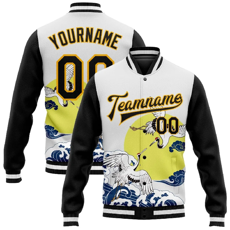 Chic And Casual Unisex Fashion Trends Fashion Sale Custom White Black-Gold Heron And Wave 3D Pattern Design Bomber Full-Snap Varsity Letterman Jacket