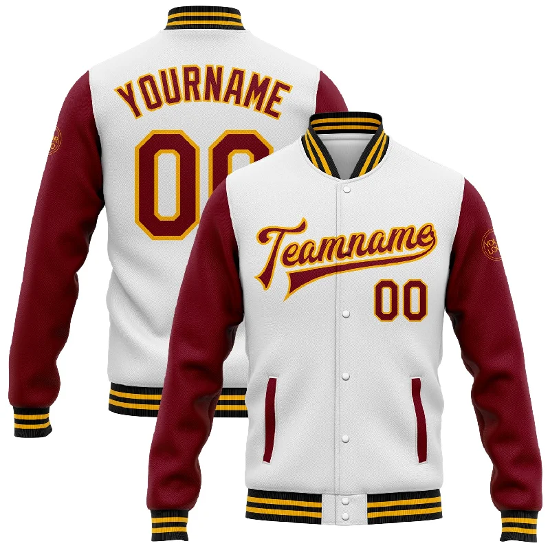 Functional And Stylish Unisex Wear Ride The Style Wave Custom White Crimson Gold-Black Bomber Full-Snap Varsity Letterman Two Tone Jacket