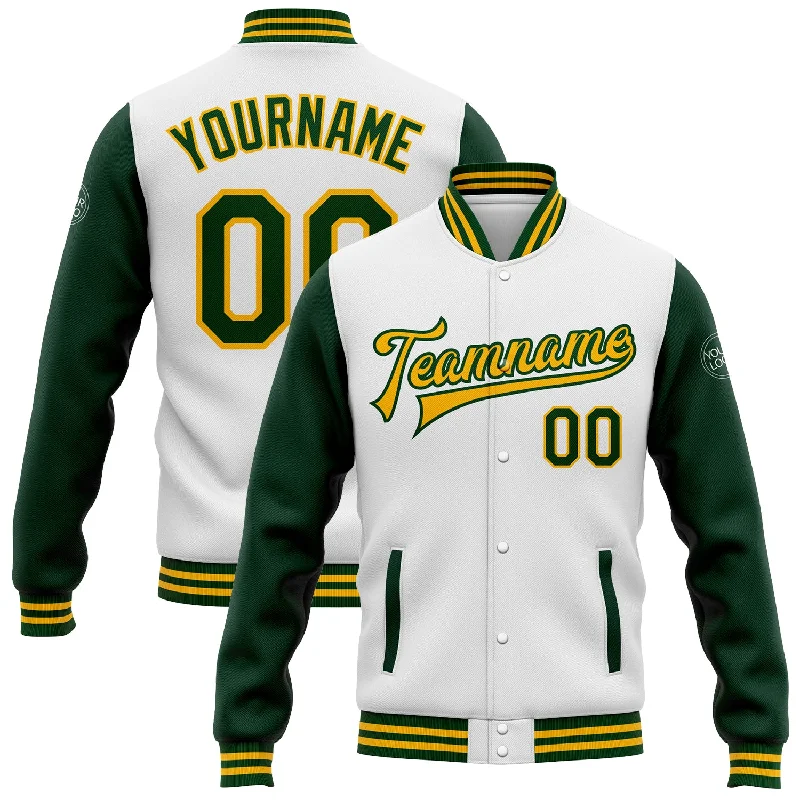 Casual Yet Sophisticated Unisex Fashion Fashion Forward Custom White Green-Gold Bomber Full-Snap Varsity Letterman Two Tone Jacket