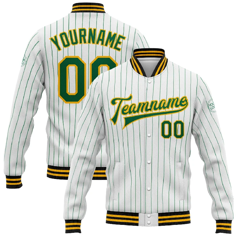 Sleek And Stylish Unisex Outerwear Snag Fabulous Fashion Bargains Custom White Kelly Green Pinstripe Gold-Black Bomber Full-Snap Varsity Letterman Jacket