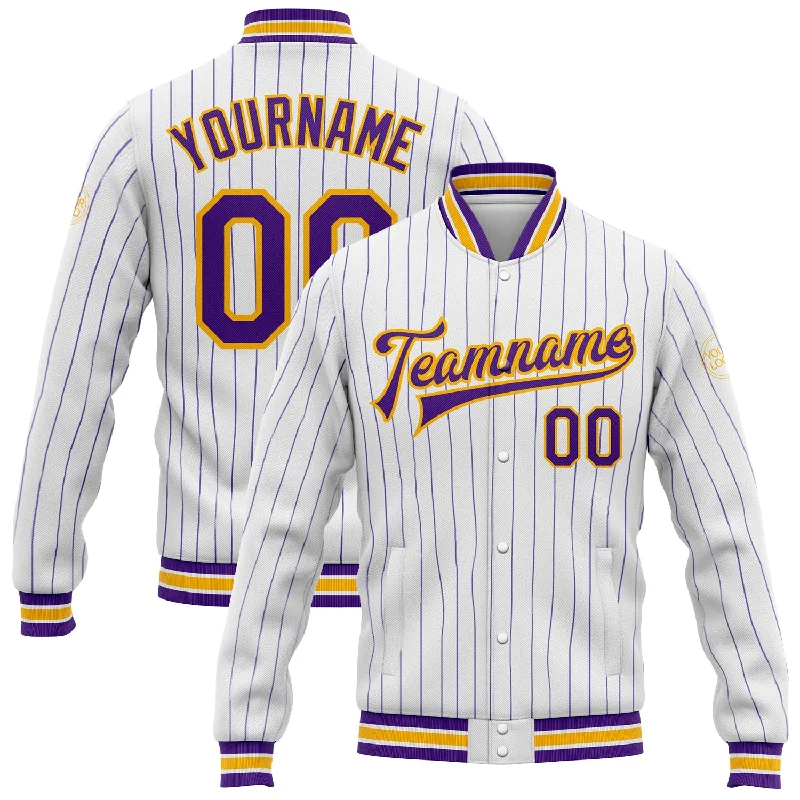 Functional And Stylish Unisex Wear Crazy Discounts, Hurry Up Custom White Purple Pinstripe Gold Bomber Full-Snap Varsity Letterman Jacket