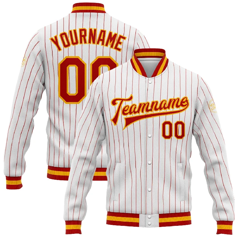 Everyday Wear For Men And Women Elegant Style Custom White Red Pinstripe Gold Bomber Full-Snap Varsity Letterman Jacket