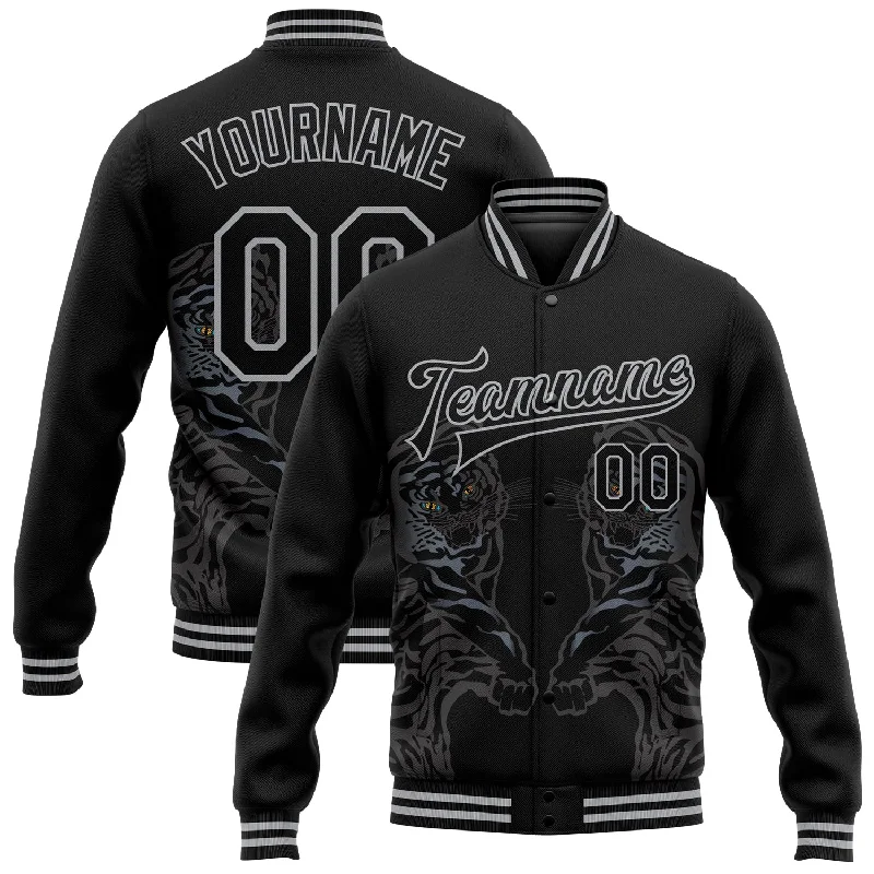 Versatile And Stylish Unisex Apparel Comfort Meets Fashion Custom Black Gray Tiger 3D Pattern Design Bomber Full-Snap Varsity Letterman Jacket