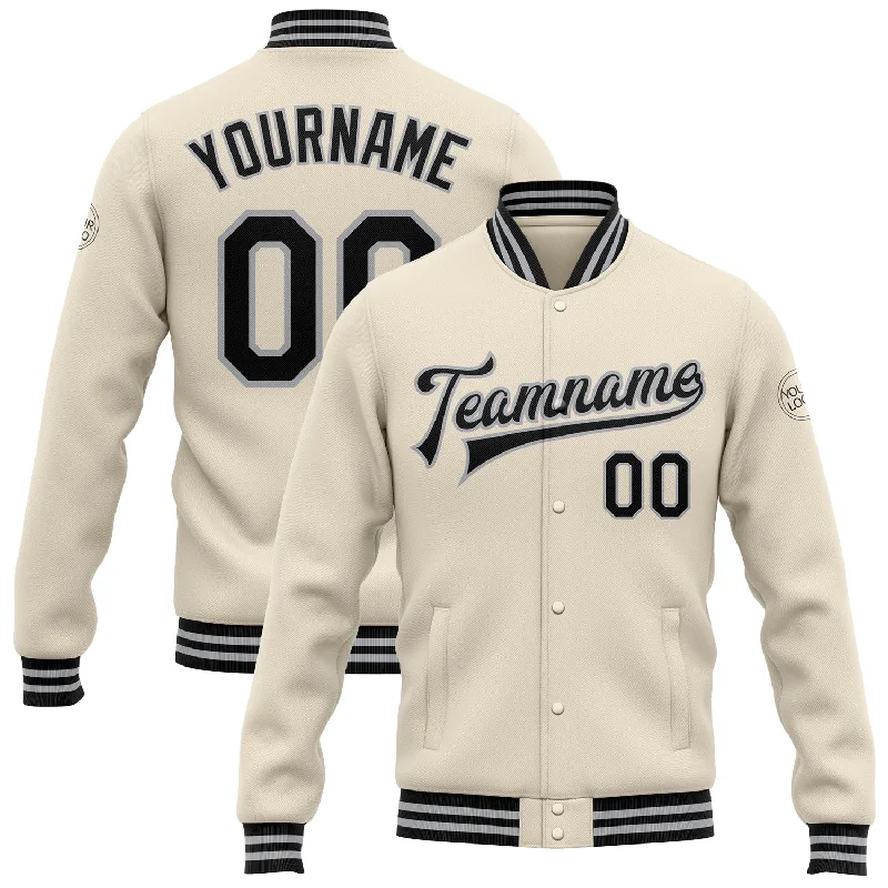 Unisex Casual Fashion Trends Discover Now Custom Cream Black-Gray Bomber Full-Snap Varsity Letterman Jacket