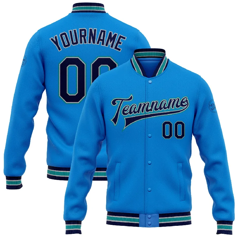 Effortless And Modern Unisex Dressing Fashionista Sale Custom Powder Blue Navy Gray-Teal Bomber Full-Snap Varsity Letterman Jacket