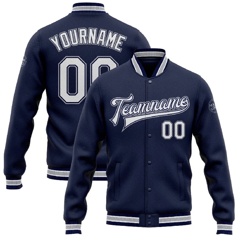 Urban Unisex Fashion Outfits Discover Promotions Custom Navy White-Gray Bomber Full-Snap Varsity Letterman Jacket