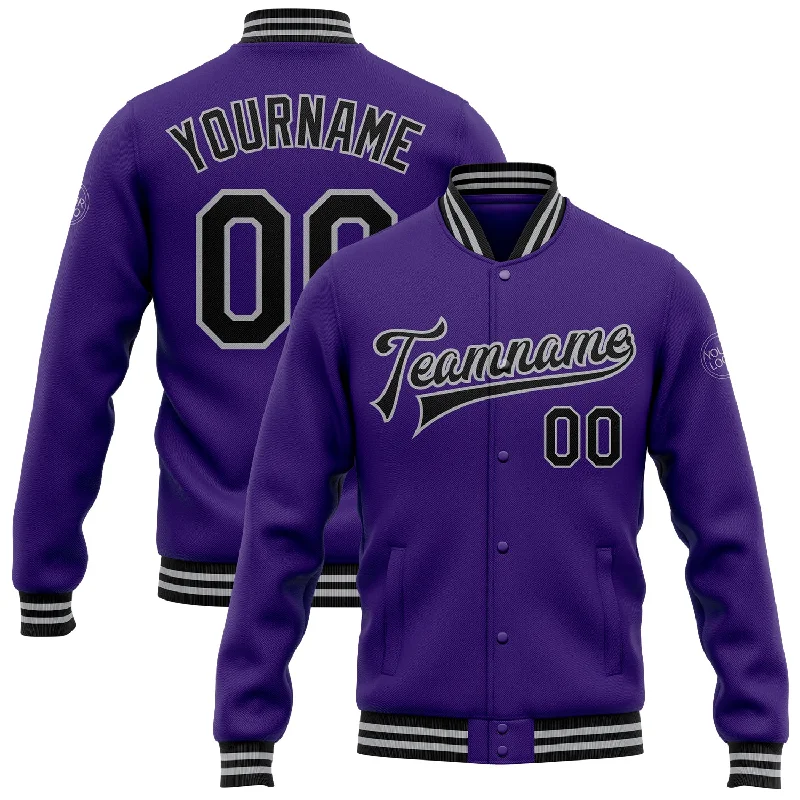 Chic And Casual Unisex Fashion Trends Must-Have Style Discounts Custom Purple Black-Gray Bomber Full-Snap Varsity Letterman Jacket