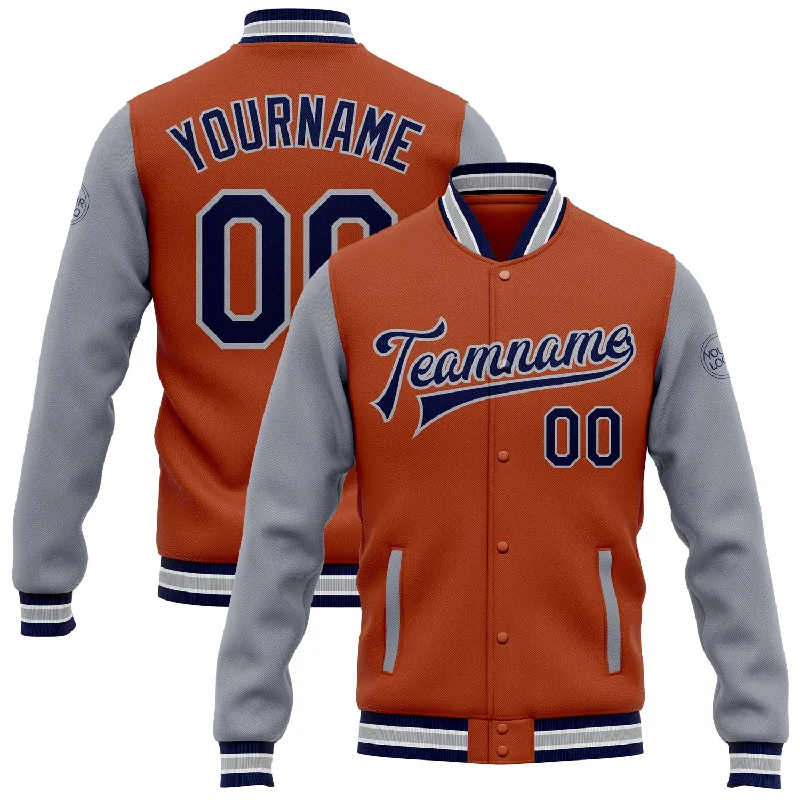 Functional And Stylish Unisex Outerwear Discount Extravaganza Custom Texas Orange Navy-Gray Bomber Full-Snap Varsity Letterman Two Tone Jacket