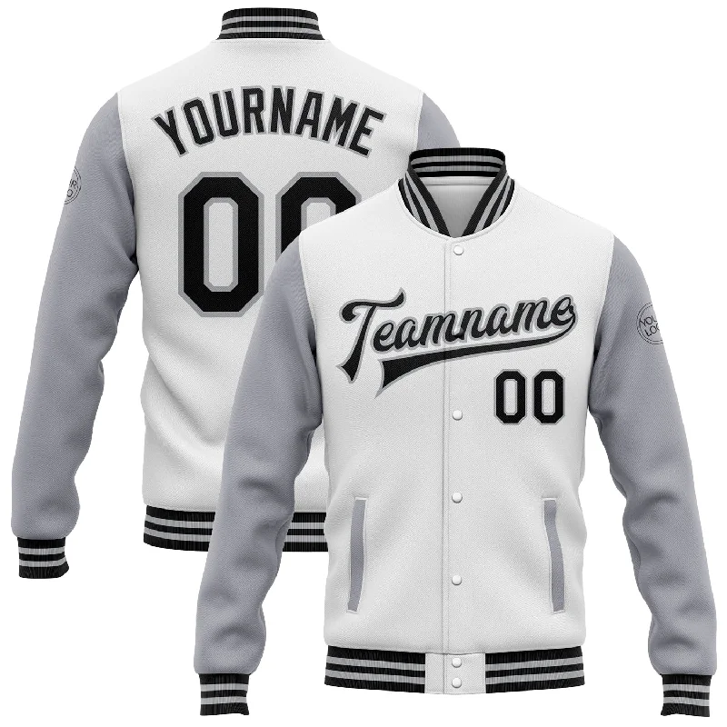 Relaxed-Fit Unisex Fashion For All-Day Comfort Fashion-Forward Custom White Black-Gray Bomber Full-Snap Varsity Letterman Two Tone Jacket