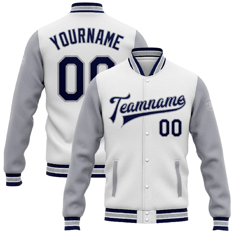 Classic And Timeless Gender-Neutral Fashion Fashion Deal Custom White Navy-Gray Bomber Full-Snap Varsity Letterman Two Tone Jacket