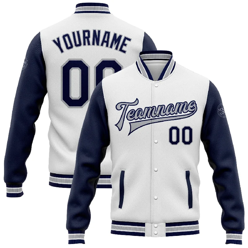 All-Season Unisex Clothing Collection Chic Trend Collection Custom White Navy-Gray Bomber Full-Snap Varsity Letterman Two Tone Jacket