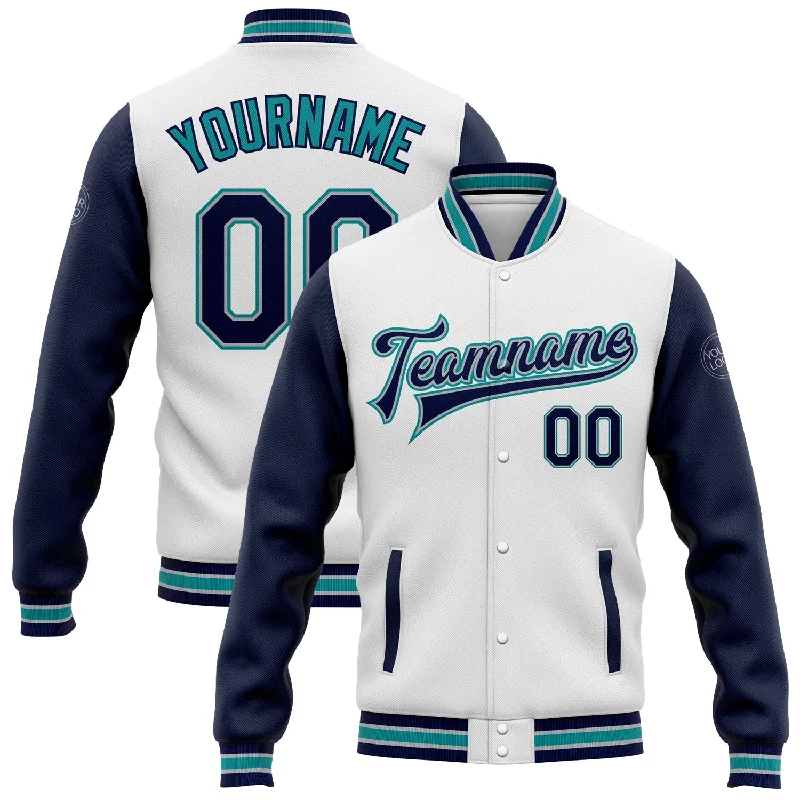 Everyday Wear For Men And Women Style Revolution Custom White Navy Gray-Teal Bomber Full-Snap Varsity Letterman Two Tone Jacket