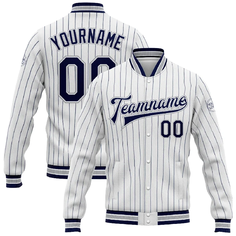 Functional And Stylish Unisex Outerwear Fashion Essentials Custom White Navy Pinstripe Gray Bomber Full-Snap Varsity Letterman Jacket