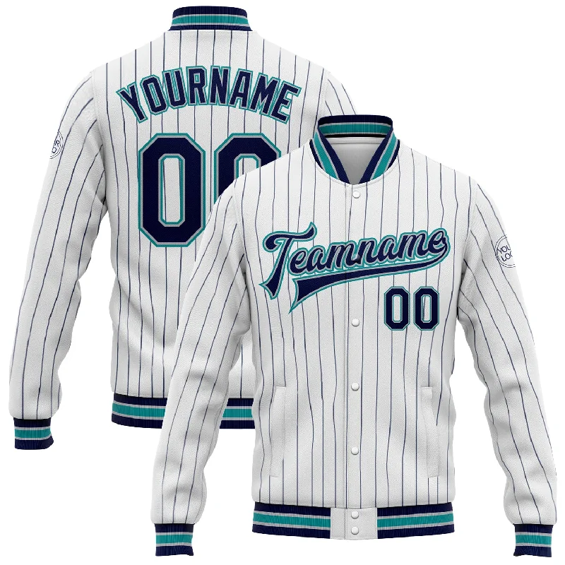 Sleek And Comfortable Unisex Wear Casual Chic Custom White Navy Pinstripe Gray-Teal Bomber Full-Snap Varsity Letterman Jacket