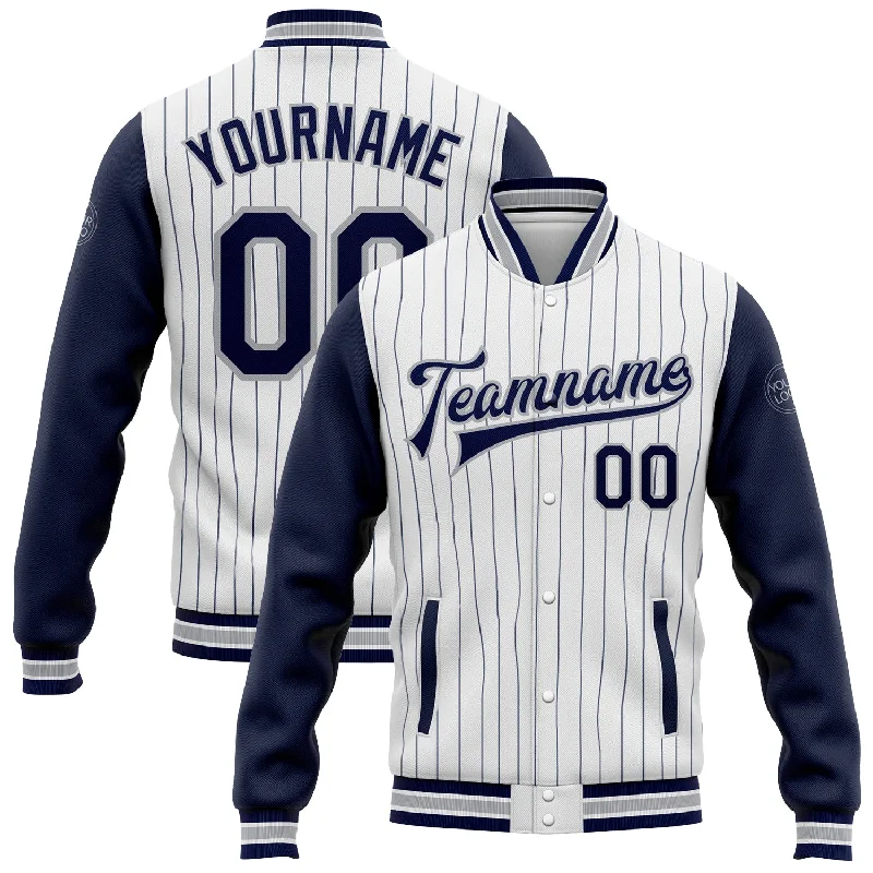 Sleek And Contemporary Gender-Free Outfits Timeless Style Promotions Custom White Navy Pinstripe Gray Bomber Full-Snap Varsity Letterman Two Tone Jacket