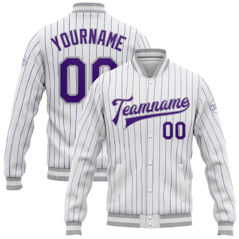 Gender-Neutral Trendy Clothing Styles Buy More, Save More Custom White Purple Pinstripe Gray Bomber Full-Snap Varsity Letterman Jacket