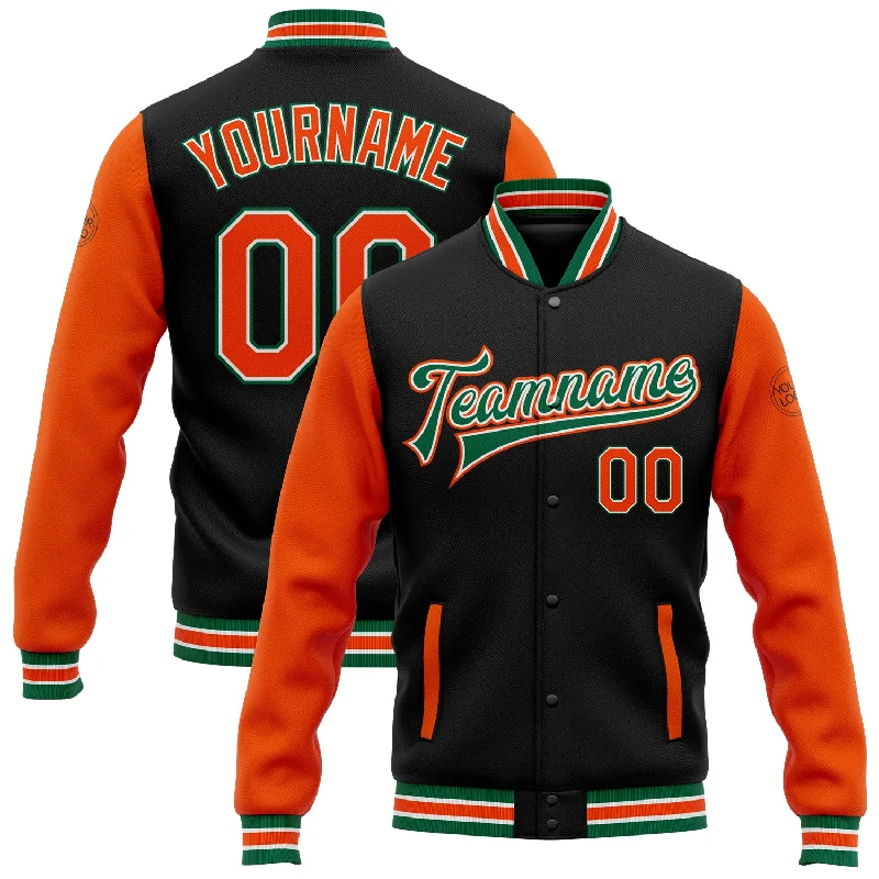 Sleek And Stylish Unisex Outerwear Cozy Comfort Style Sale Custom Black Orange-Kelly Green Bomber Full-Snap Varsity Letterman Two Tone Jacket