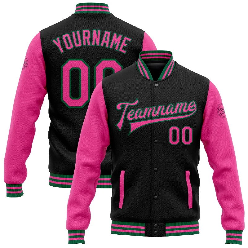 Fashion-Forward Gender-Neutral Outerwear Discover Promotions Custom Black Pink-Kelly Green Bomber Full-Snap Varsity Letterman Two Tone Jacket