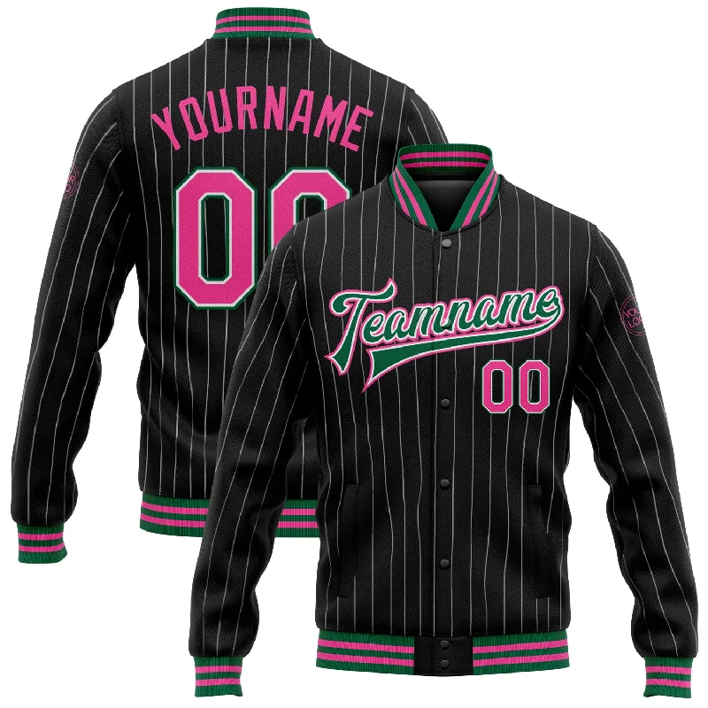 Functional And Stylish Unisex Outerwear Holiday Attire Sale Custom Black White Pinstripe Pink-Kelly Green Bomber Full-Snap Varsity Letterman Jacket