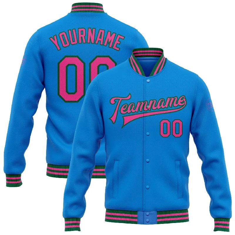 Sleek And Stylish Unisex Outerwear Vibrant Style Promotions Custom Powder Blue Pink-Kelly Green Bomber Full-Snap Varsity Letterman Jacket