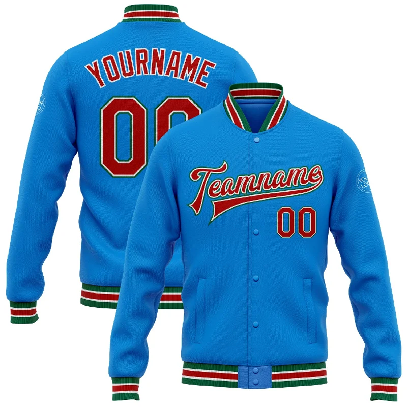 Lightweight And Breathable Unisex Wear Elevated Casual Discounts Custom Powder Blue Red-Kelly Green Bomber Full-Snap Varsity Letterman Jacket