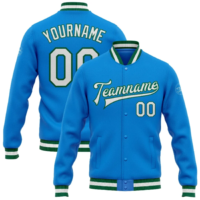 Soft And Breathable Unisex Loungewear Snag Fabulous Fashion Bargains Custom Powder Blue White-Kelly Green Bomber Full-Snap Varsity Letterman Jacket