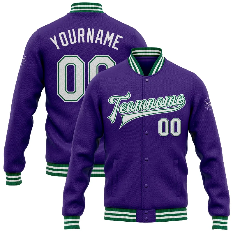 Soft And Breathable Unisex Loungewear Stylish Looks Custom Purple White-Kelly Green Bomber Full-Snap Varsity Letterman Jacket