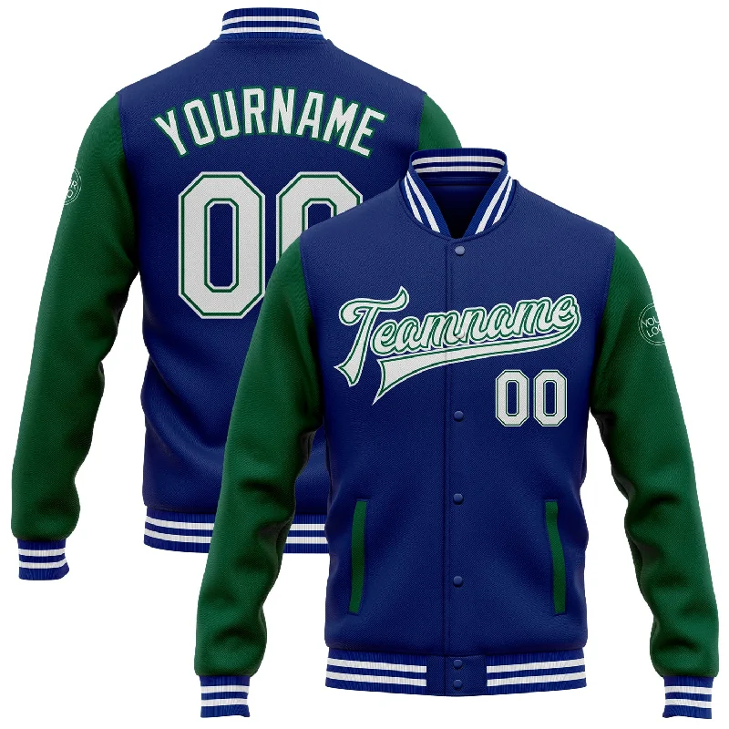 Everyday Wear For Men And Women Gift Ideas Custom Royal White-Kelly Green Bomber Full-Snap Varsity Letterman Two Tone Jacket