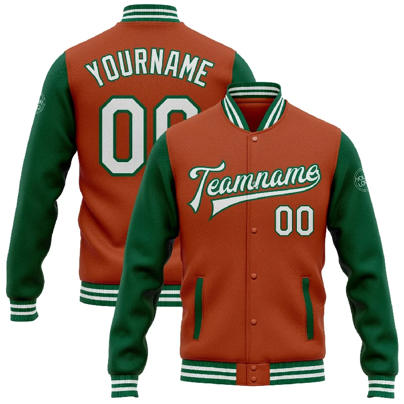 Breathable And Lightweight Unisex Wear Find Your Unique Flair Custom Texas Orange White-Kelly Green Bomber Full-Snap Varsity Letterman Two Tone Jacket