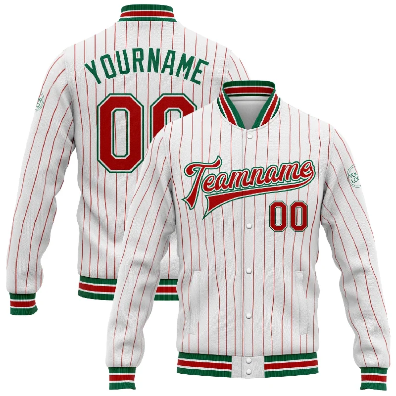 Unisex Everyday Fashion Essentials Fashion Forward, Function First Custom White Red Pinstripe Kelly Green Bomber Full-Snap Varsity Letterman Jacket